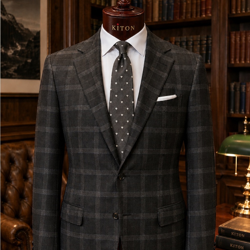 Kiton 100% Cashmere Deep Anthracite Overcheck + Roda Silk Tie